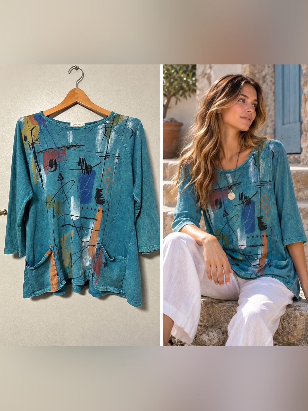 Jess & Jane Abstract Art Wear Soft Knit Tunic Top Women’s Sz Medium Artsy Boho